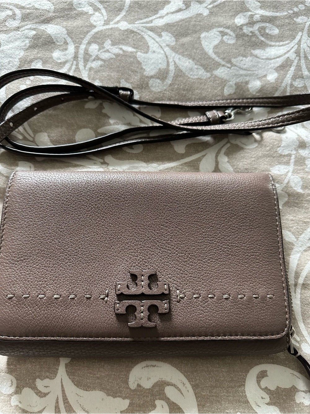 Tory Burch Taupe Leather Crossbody Wallet with Logo